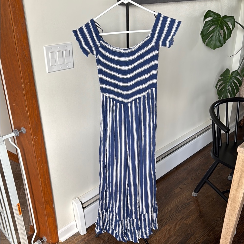 Blue and White Striped Off-Shoulder Dress